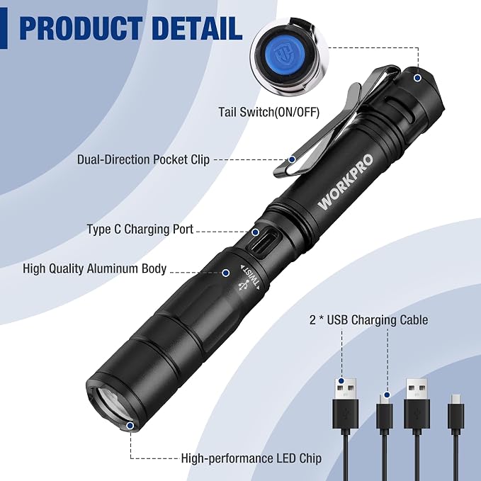 WORKPRO Rechargeable Pen Light, Mini Flashlight, 2 Pack Ultra-Compact EDC - Image 7