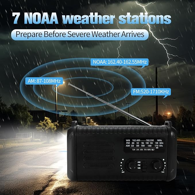 20000mAh Emergency Crank Radio, NOAA/AM/FM Portable Weather Radio, Solar Hand - Image 4
