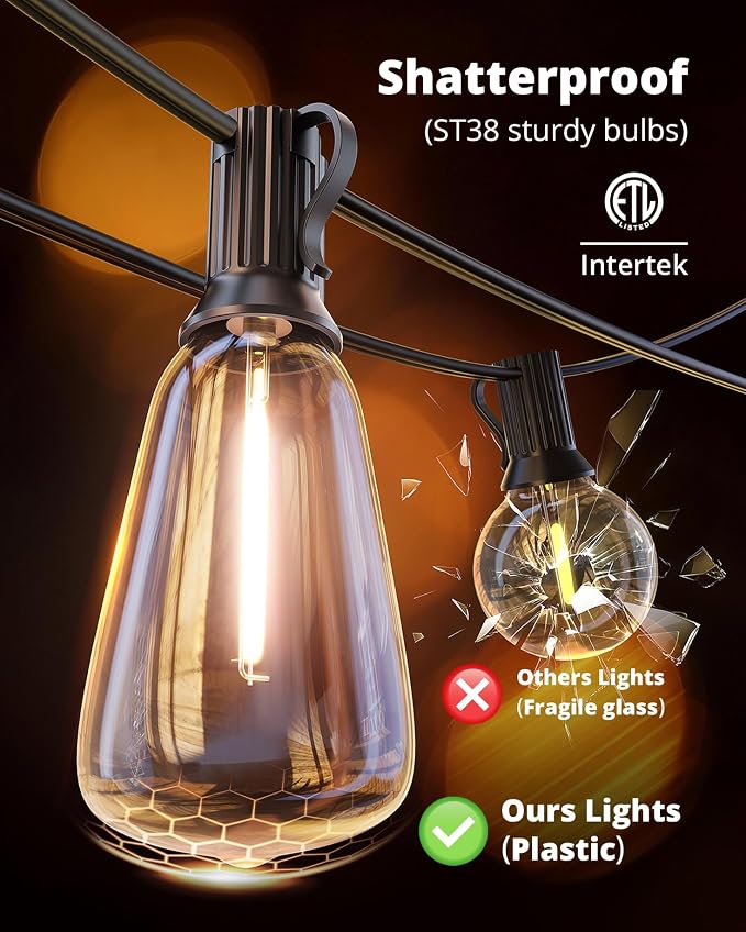 VIPAR Outdoor String Lights, 100FT 52 ST38 Bulbs Patio Lights Outdoor Waterproof - Image 6