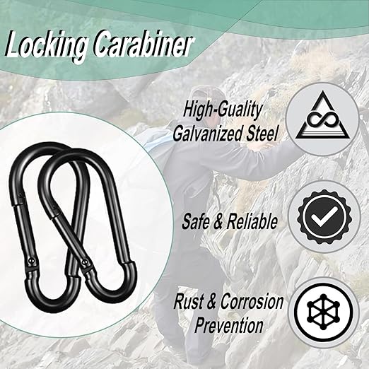 Black Carabiner, Heavy Duty Galvanized Steel Spring Snap Hook Carabiner Clips - Image 3
