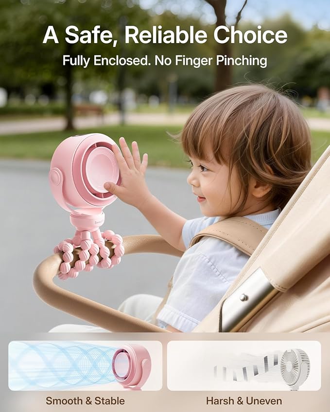SWEETFULL Portable Stroller Fan, Pinch-Proof Baby Fan, 10H Battery, 5-Speed - Image 2