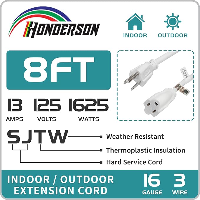 Indoor Outdoor Extension Cord Weatherproof, UL Certified, 16 Gauge 8FT White 3 - Image 3