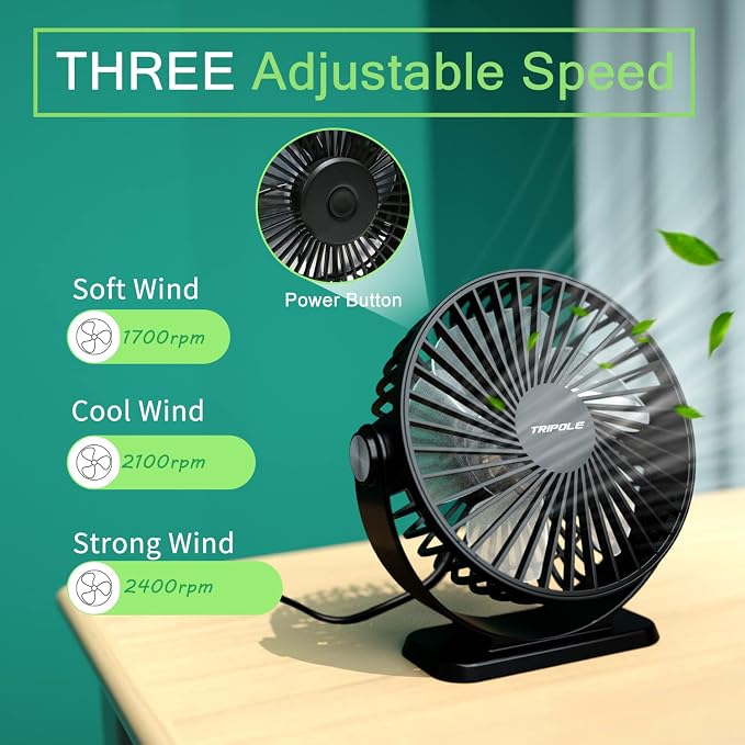 TriPole Desk Fan USB Powered 2 Pack Black Small Portable Fan, 3 Speeds Strong - Image 4