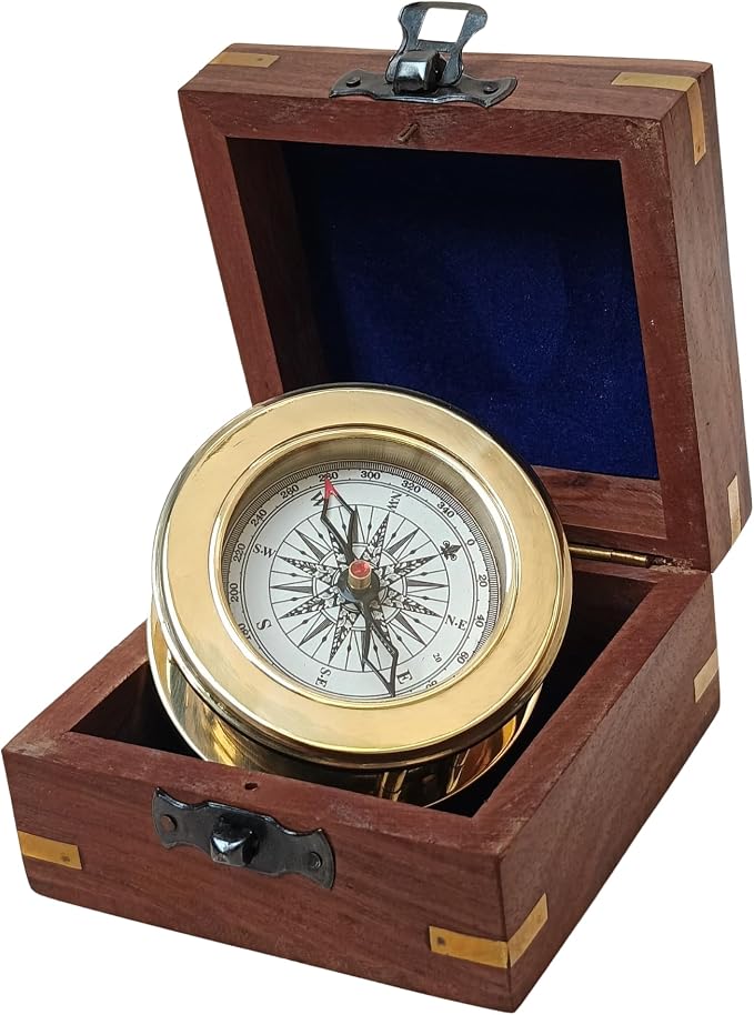 Vintage Brass Compass with Wooden Box – Antique Navigation Compass by SIFAATWORLD