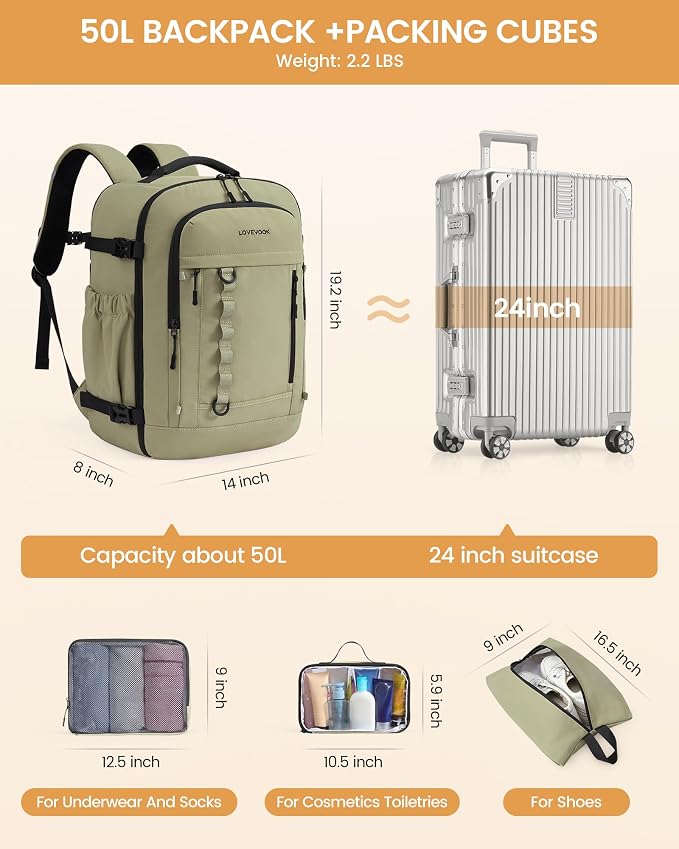 LOVEVOOK 50L Travel Backpack for Men Women, Waterproof Carry On Backpack for - Image 5