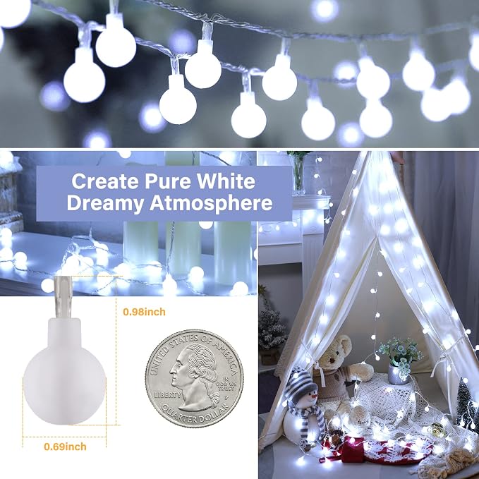 Minetom Globe String Lights, 66 Feet 200 Led Fairy Lights Plug in, 8 Modes - Image 4