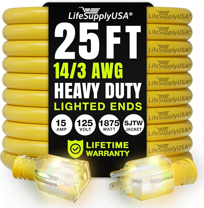 25ft Outdoor/Indoor Extension Cord 14/3 Gauge Heavy Duty 3 Prong SJTW, by LifeSupplyUSA