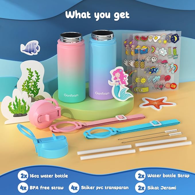 Kids Water Bottle, insulated Stainless Steel Straw Cup - Image 2