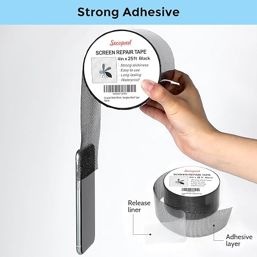 Secopad Black Window Screen Repair Tape, 4IN X 25FT Screen Repair Kit - Image 2