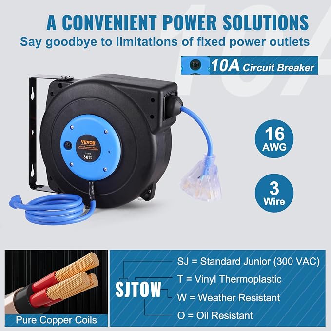 VEVOR Retractable Extension Cord Reel, 30 FT, Heavy Duty 16AWG/3C SJTOW - Image 4