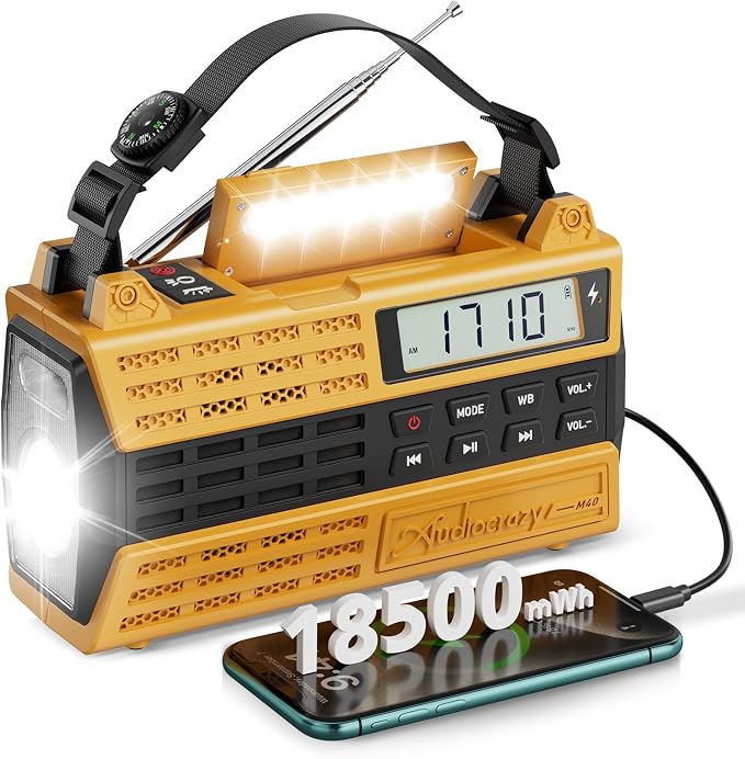 Emergency Radio, 5000mAh/18500mWh Solar Hand Crank Weather Radio by Audiocrazy