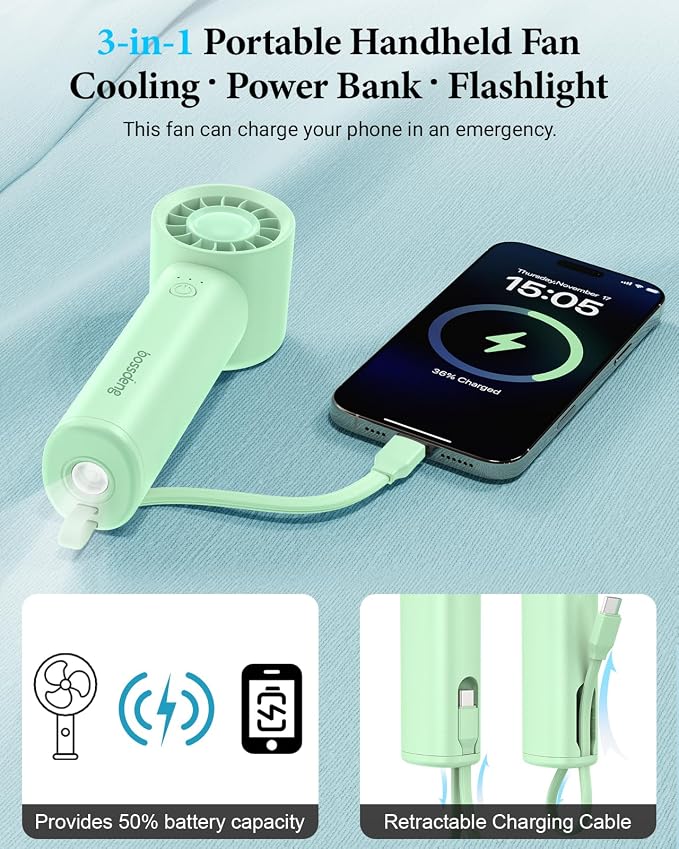 Portable Handheld Fan with Power Bank, 3 IN 1 USB Rechargeable Mini Personal - Image 3