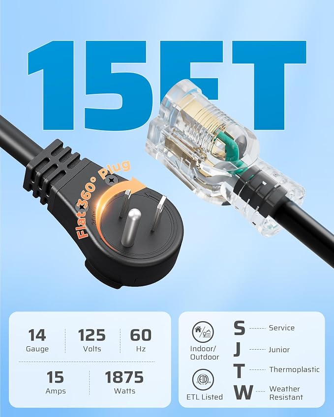 DEWENWILS 360° Rotating Flat Plug Extension Cord, 15FT Black Extension Cord - Image 2