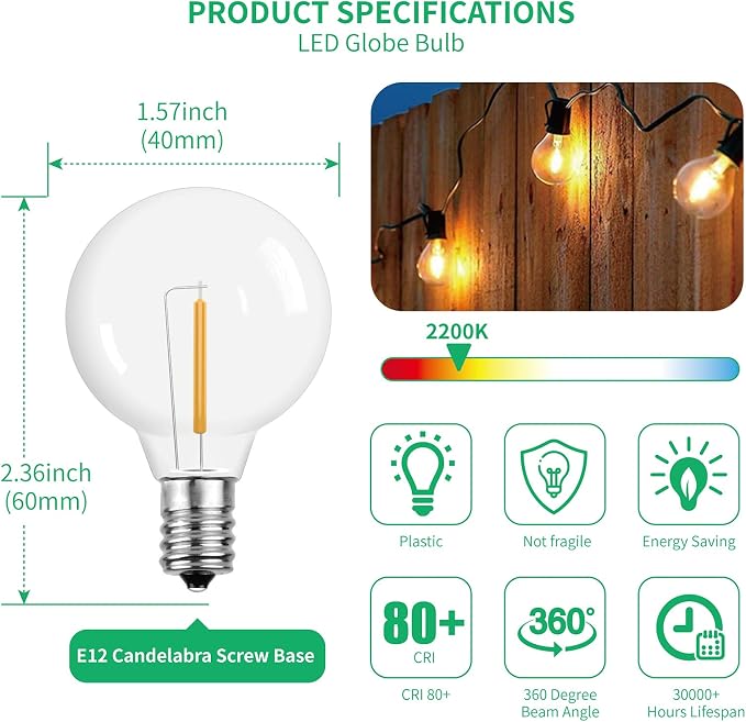 Meconard G40 Led Replacement Light Bulbs, 1.57 Inch 1 Watt Shatterproof LED - Image 2