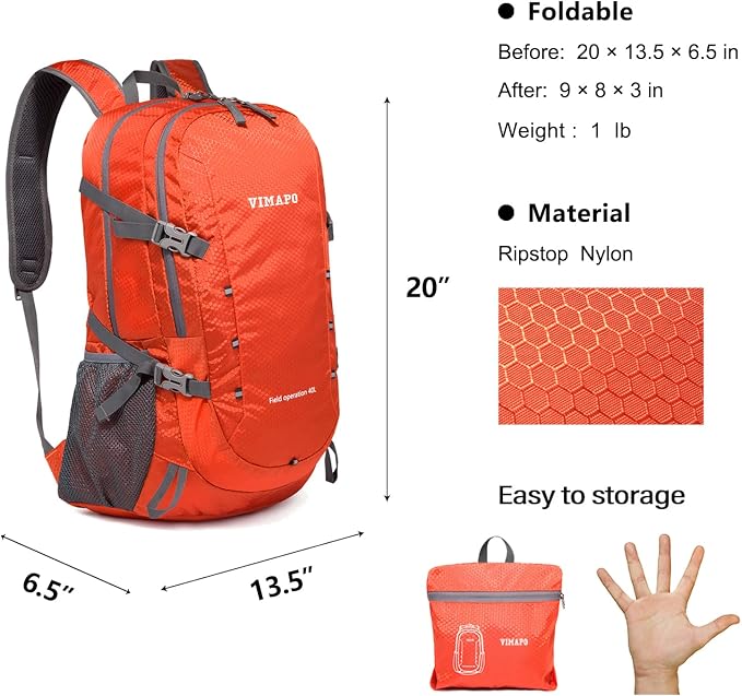 Lightweight Foldable Hiking Backpack 40L, Ripstop Nylon Packable Travel Daypack - Image 2