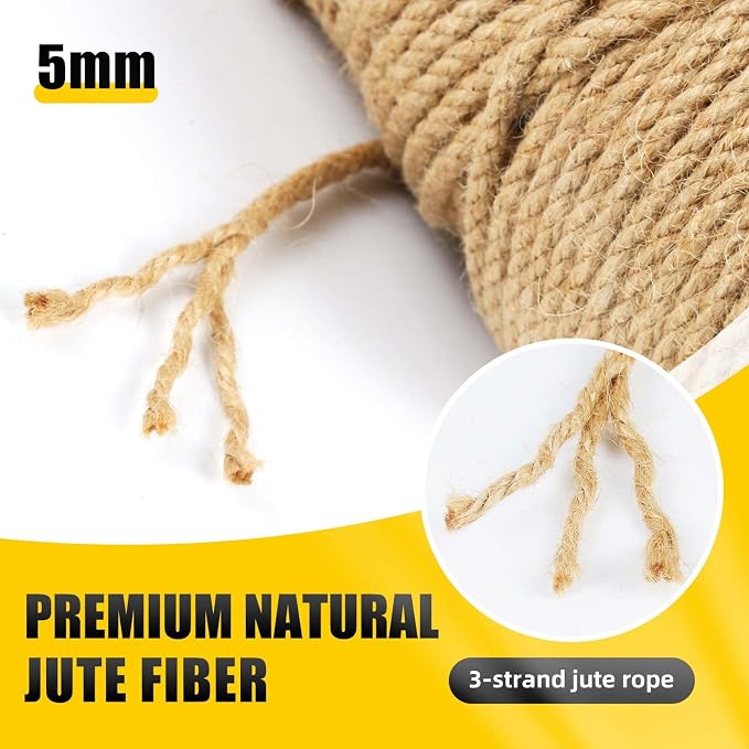 Natural Jute Twine, 5MM x 328FT Jute Rope Roll, Heavy Duty Thick Twine - Image 2