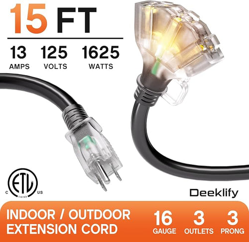 15 ft 16/3 awg 3 Outlet Extension Cord Splitter - Image 2