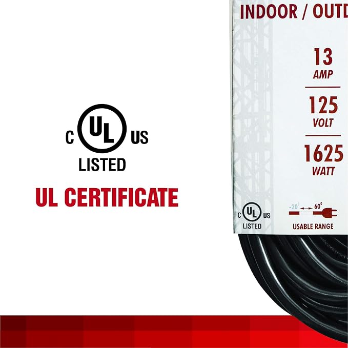25 Ft Black Extension Cord 3 Prong, Weather-Resistant 16/3 SJTW, 1625 Watt - Image 2