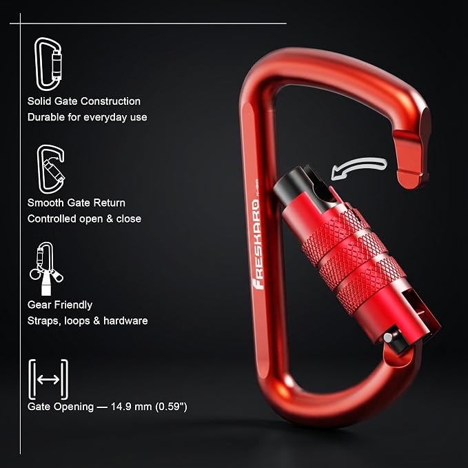 FresKaro 3inch 12kN-2698lbs Auto Locking Carabiner Clips, Solid D Shape - Image 3