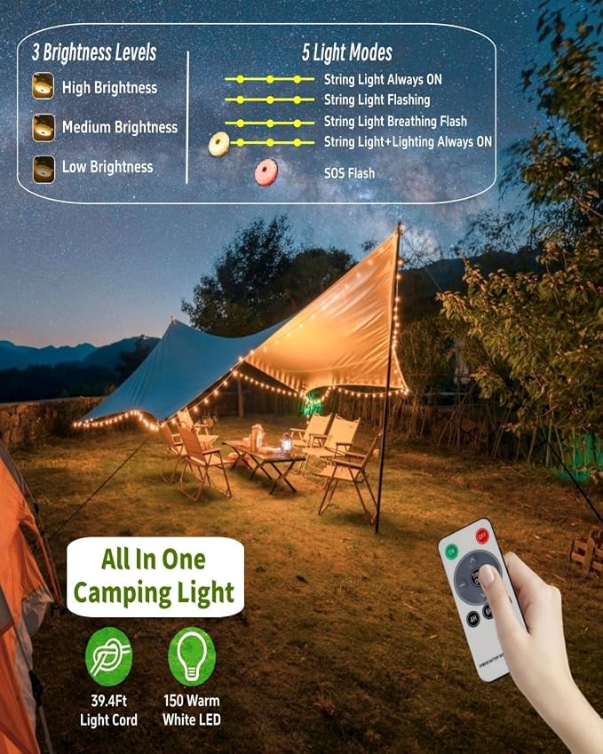 Solar Camping String Lights, 39.4 FT Fairy String Light, 4 in 1 Portable - Image 4