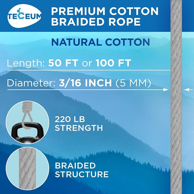 TECEUM Cotton Rope 3/16” – 100 FT – Strong All-Purpose Braided Rope – Natural - Image 2