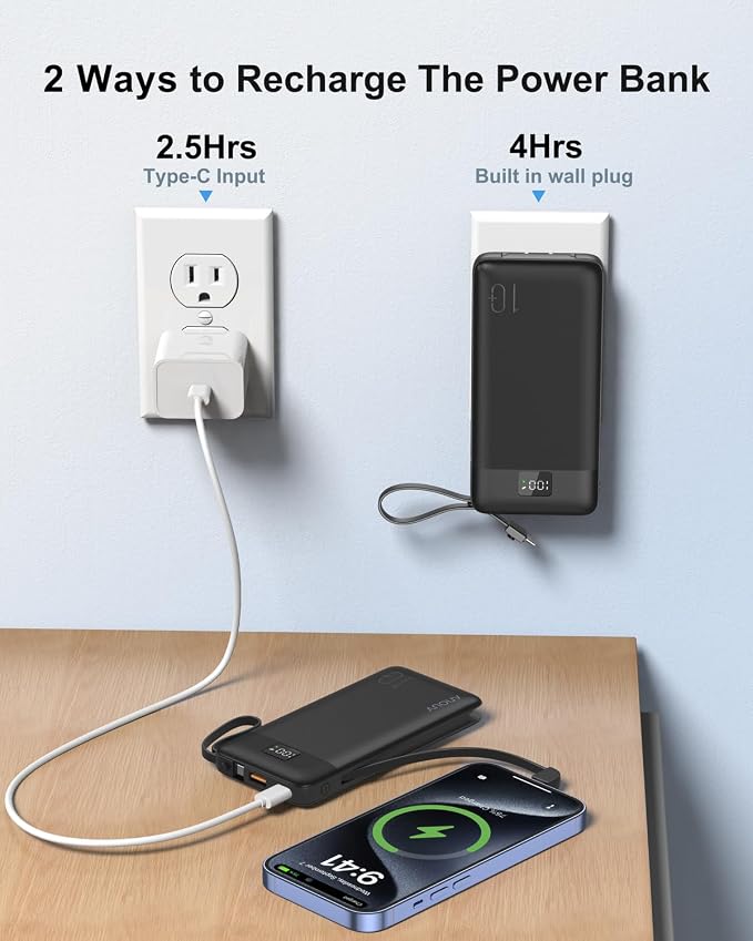 2-Pack Portable Charger Built-in Cables and AC Wall Plug, 10000mAh 22.5W PD - Image 7