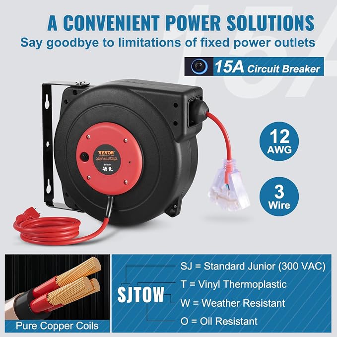 VEVOR Retractable Extension Cord Reel, 45 FT, Heavy Duty 12AWG/3C SJTOW - Image 4
