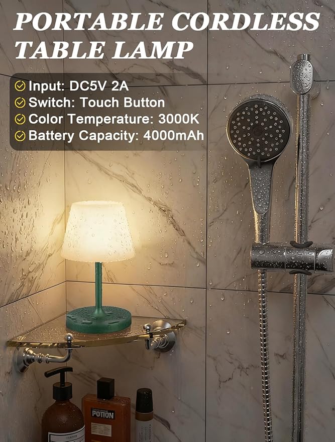 Kakanuo Green Cordless Shower Lamp Waterproof, Rechargeable Cordless Lamp - Image 4