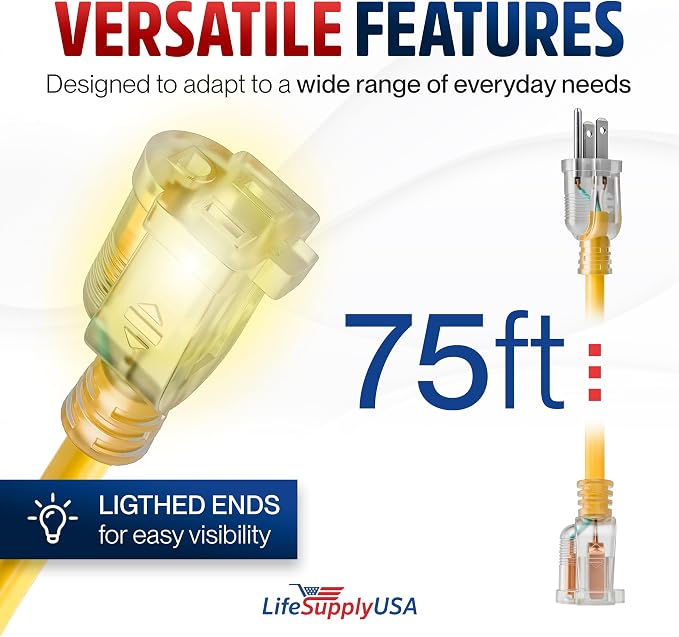 75ft Outdoor/Indoor Extension Cord 14/3 Gauge Heavy Duty 3 Prong SJTW, - Image 6