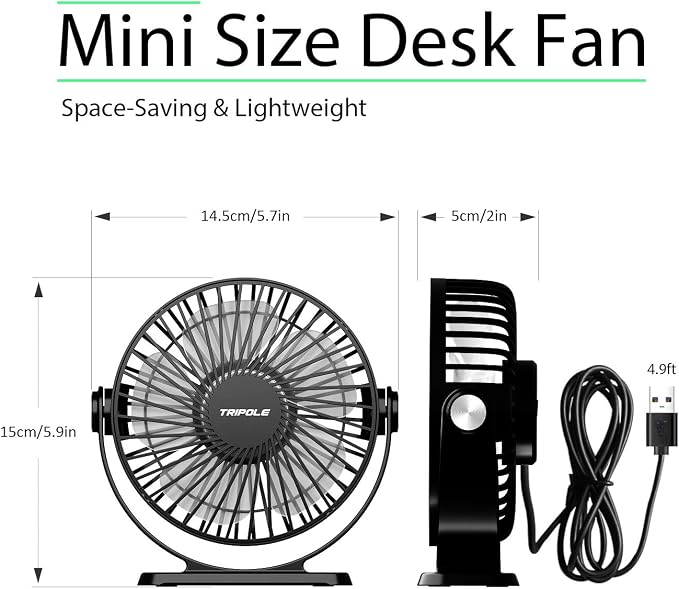TriPole Desk Fan USB Powered 2 Pack Black Small Portable Fan, 3 Speeds Strong - Image 2
