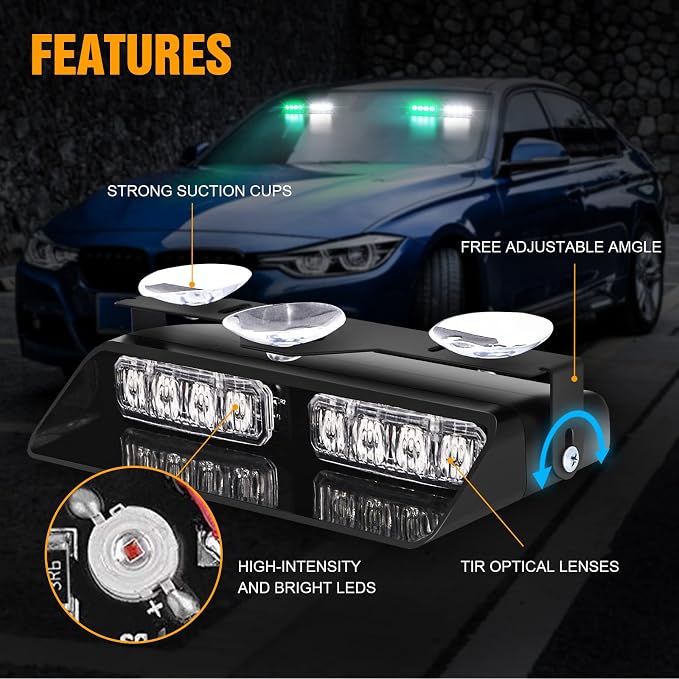 XRIDONSEN 2 in 1 Green White Dash Emergency Strobe Lights Interior Windshield - Image 3