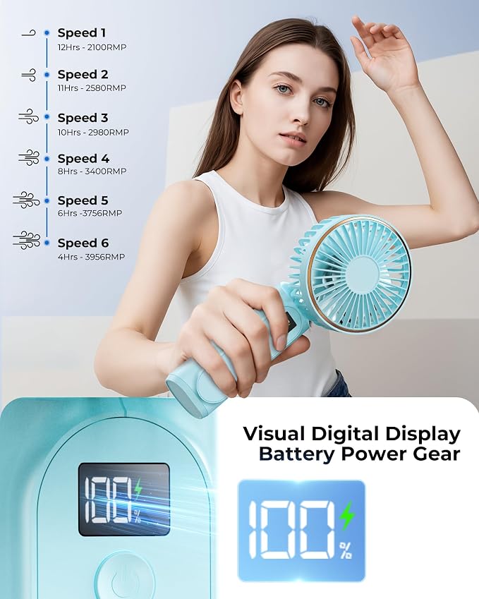 TUNISE Portable Handheld Fan, 180 Adjustable, 6 Speed Wind, USB Rechargeable - Image 5