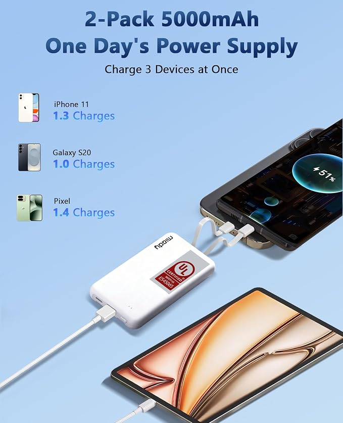 Miady 2-Pack Small Portable Charger UL Listed, 5000mAh Slim Power Bank Built-in - Image 5