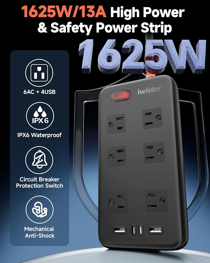 Outdoor Power Strip Waterproof IPX6, 6 Ft Extension Cord, 6 Wide Outlets & 4 - Image 3