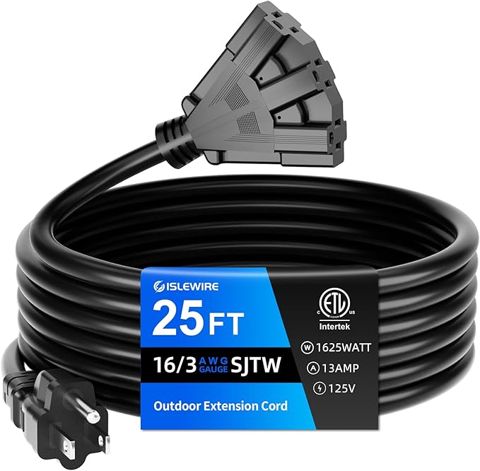 25 FT 3 Outlet Outdoor Extension Cord Waterproof, 16/3 SJTW Black Extension Cord by ISLEWIRE