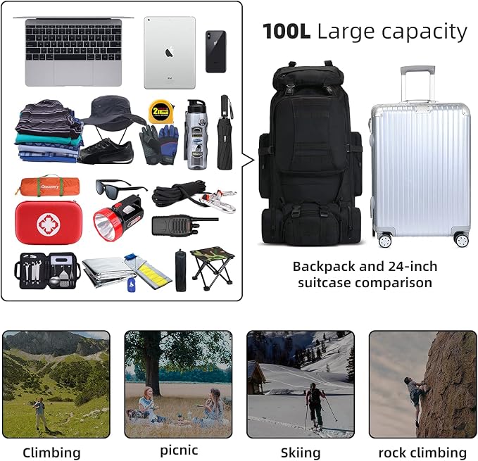 100L Camping Hiking Backpack, Molle military Tactical rucksack backpack - Image 6