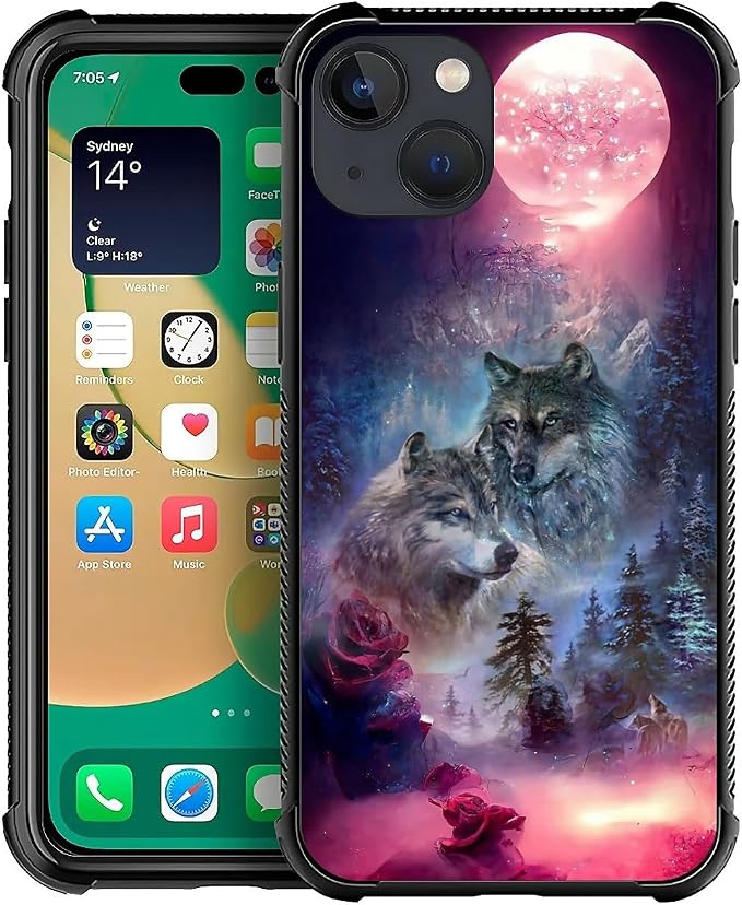 for iPhone 14 Plus Case, Star Two Wolfs Howling Pattern Graphic Design Girl Boy by FKBRCL4U