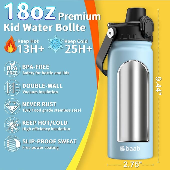 baab 18oz Kids Water Bottle, Insulated Kids Water Bottle - Image 2
