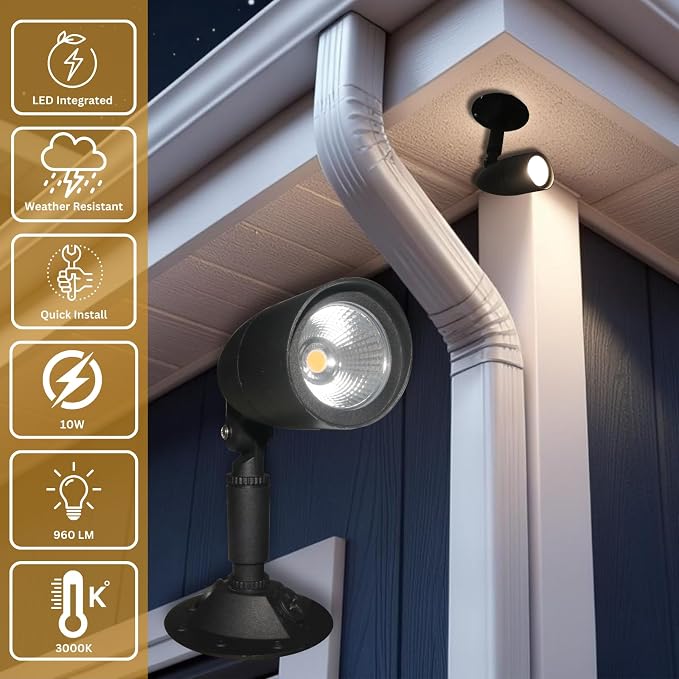 LED Outdoor Single Bullet Flood Light, 10W Hardwired Spotlight, Waterproof - Image 2