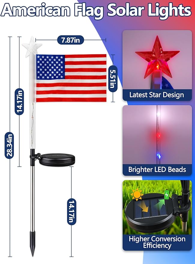 8 Pack American Flag Solar Lights Outdoor, 4th of July Decorations Red White - Image 2