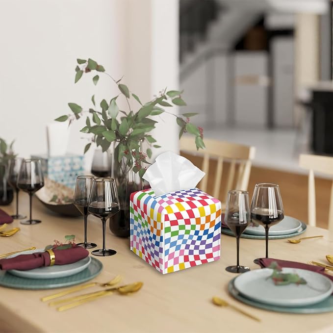Tissue Box Cover Square, Colorful Wavy Checkerboard Tissue Box Holder - Image 5