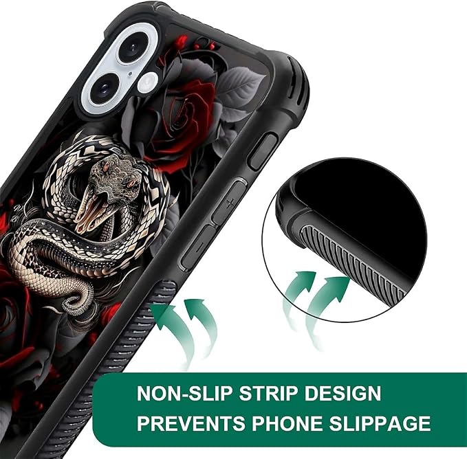 for iPhone 16 Case, Entwined Rose Snake Pattern Graphic Design Girl Boy Soft - Image 7