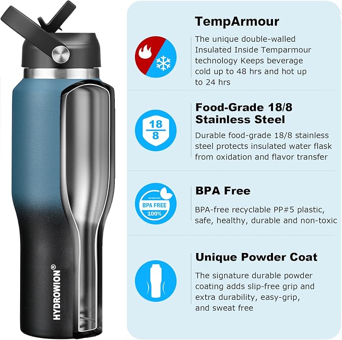 HYDROWION 32oz Water Bottle, Double Wall Vacuum Stainless Steel Insulated Water - Image 3