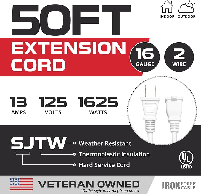 Iron Forge Cable 2 Prong Outdoor Extension Cord 50 ft, 16/2 SJTW 50 Foot White - Image 2