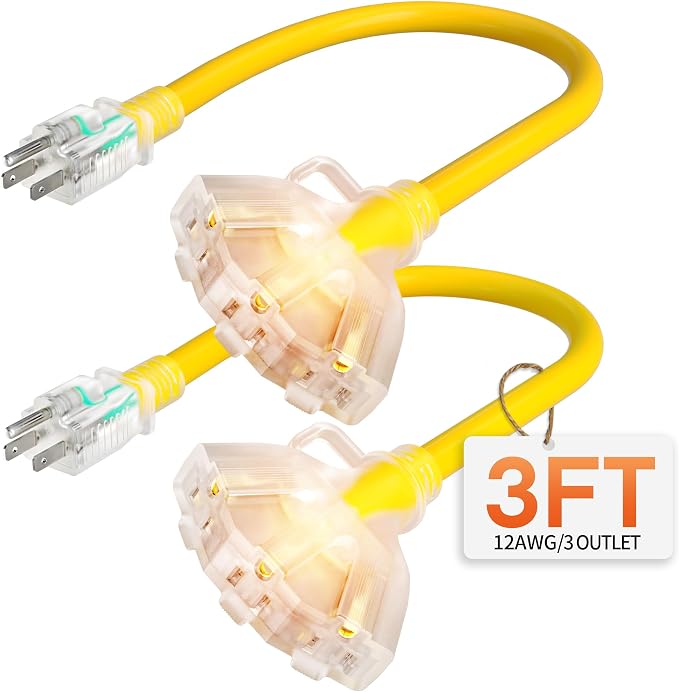 3 ft 12 Gauge Heavy Duty 3 Outlet Extension Cord Splitter by Deeklify