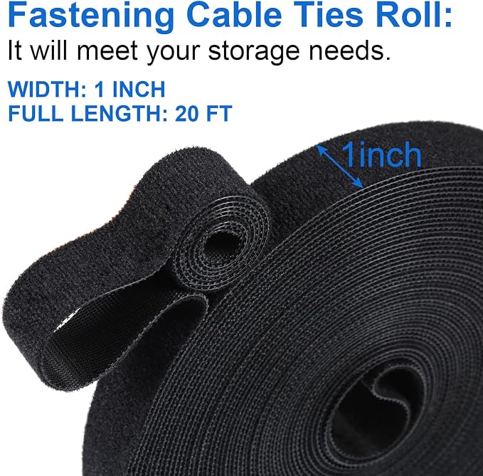 OneLeaf Hook and Loop Roll Reusable Fastening Cable Ties, 20ft x 1inch Black - Image 2