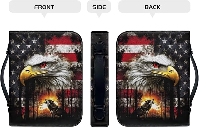 Large Bible Cover Case for Women Men American Flag Wolf Bald Eagle Print PU - Image 2