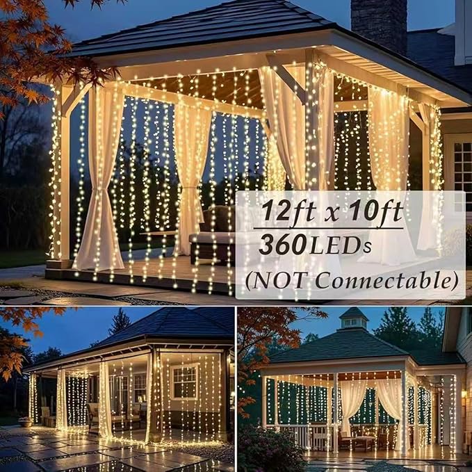Solhice LED Curtain Lights Outdoor 12ft x10ft, 360 LED Plug in Hanging String - Image 2