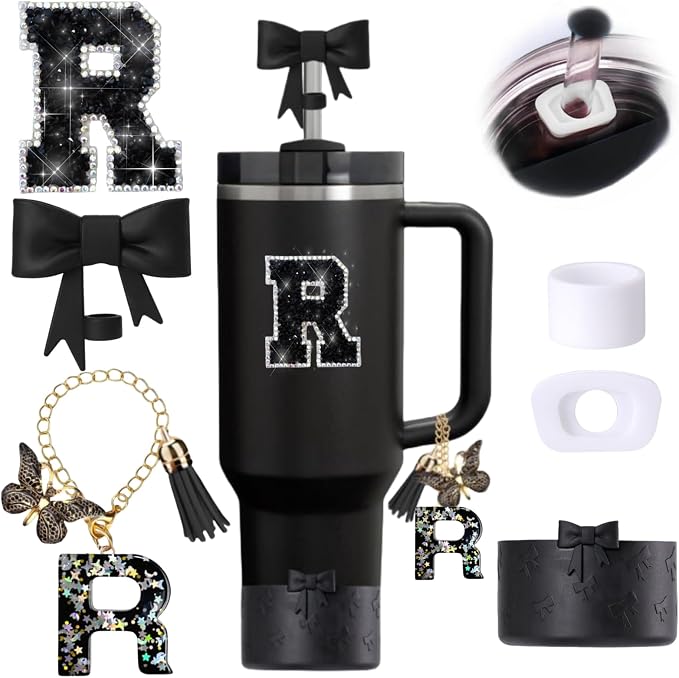 6pcs Black Stanley Cup Accessories Set, Bow Straw Topper by MOTEERLLU