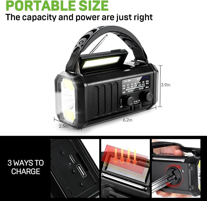 Leaton Emergency NOAA Weather Radio, 10000mAh/37000mWh, Solar Hand Crank Radio - Image 5